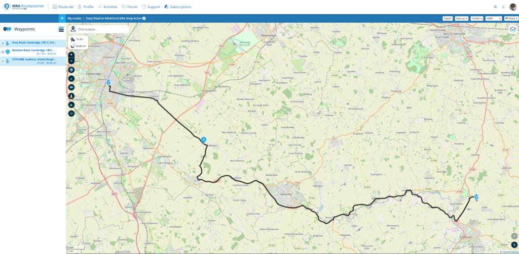 screenshot of MyRoute App route planning page
